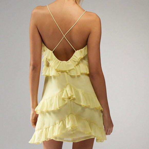 Yellow Boho Women's Ruffle Spaghetti Strap Tiered Flounce cocktail Mini Dress - Picture 2 of 6